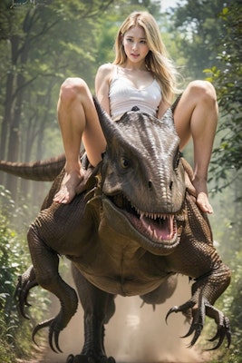 恐竜に乗るお姉さん