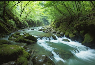 新緑の緑に溢れる渓流