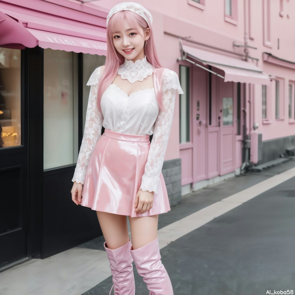 Vol91_Pink vinyl skirt+lace top