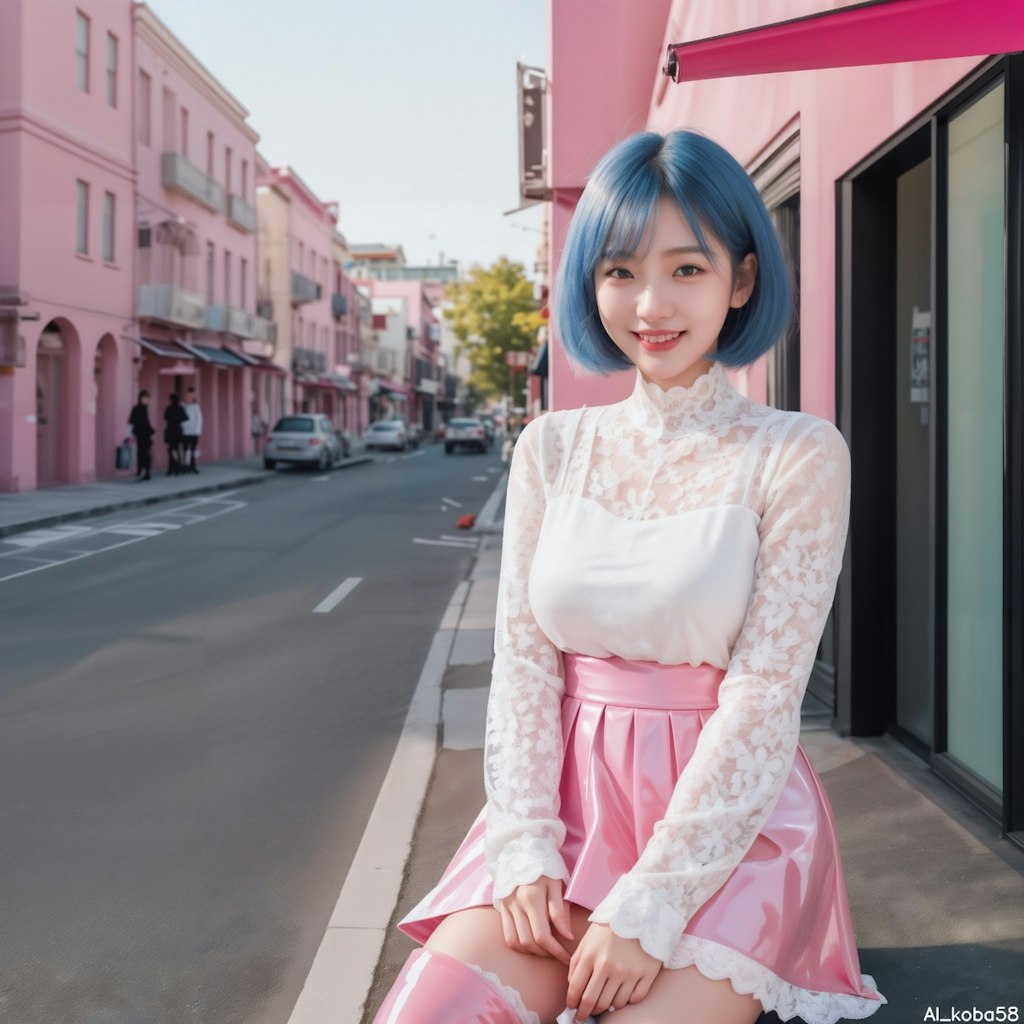 Vol91_Pink vinyl skirt+lace top