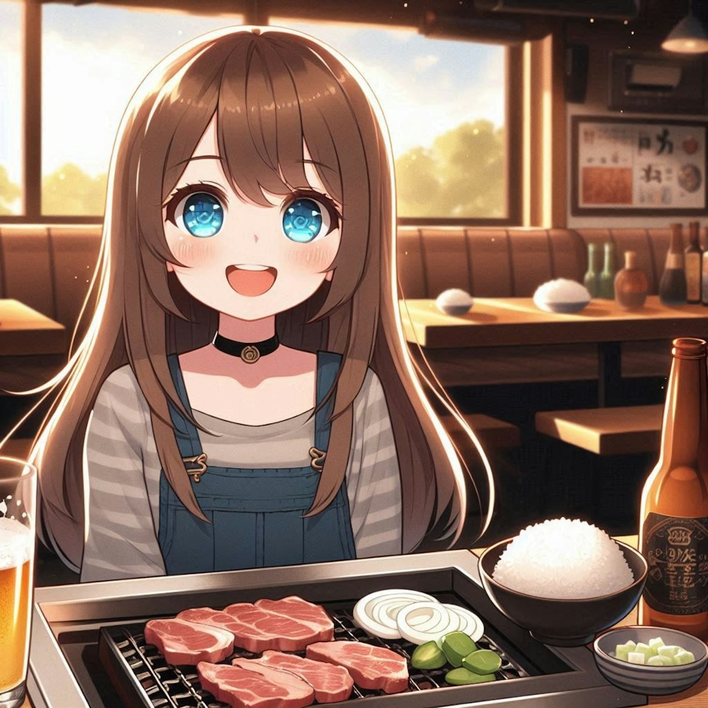 焼肉を存分に楽しむ小さな女の子