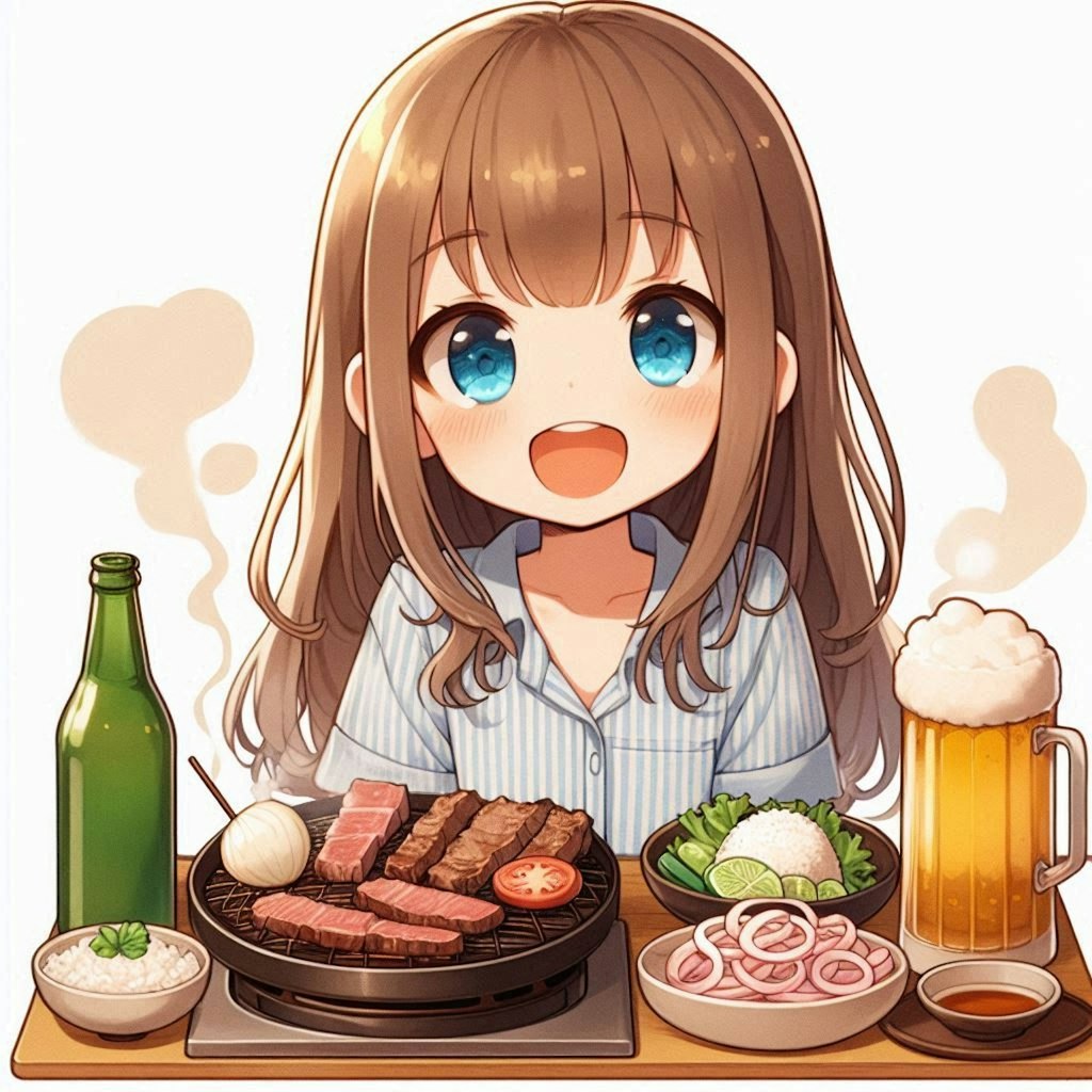 焼肉を存分に楽しむ小さな女の子