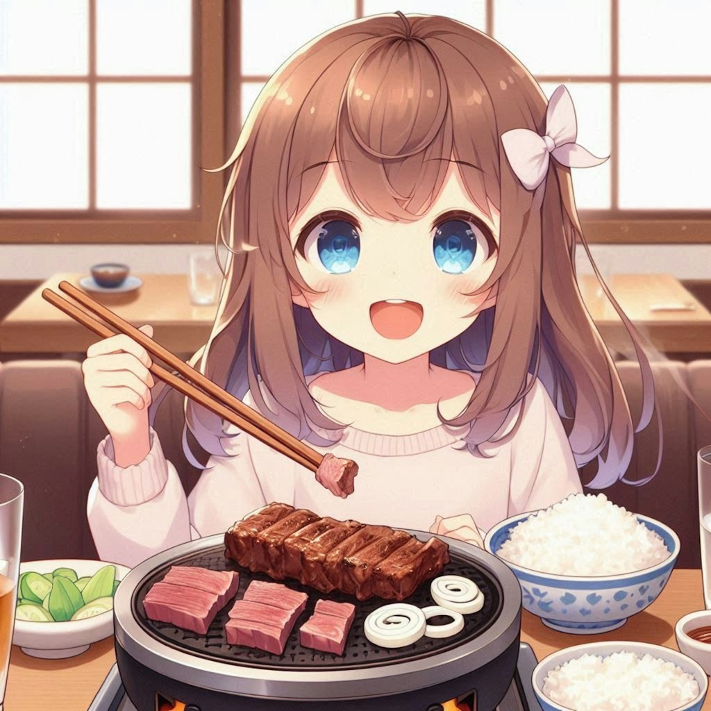 焼肉を存分に楽しむ小さな女の子