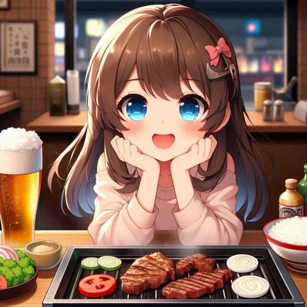 焼肉を存分に楽しむ小さな女の子