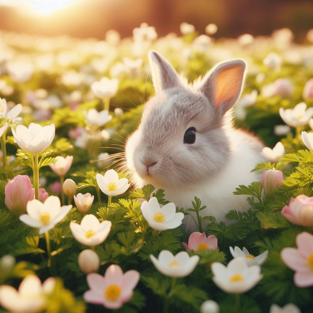 春の草原とウサギ
