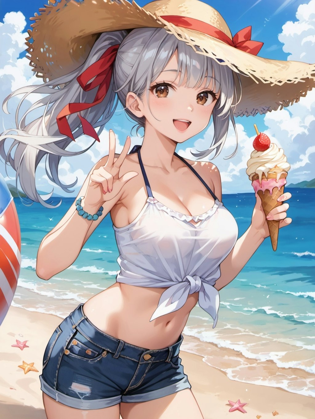 浜辺でアイス！とか　夏ファッションその２