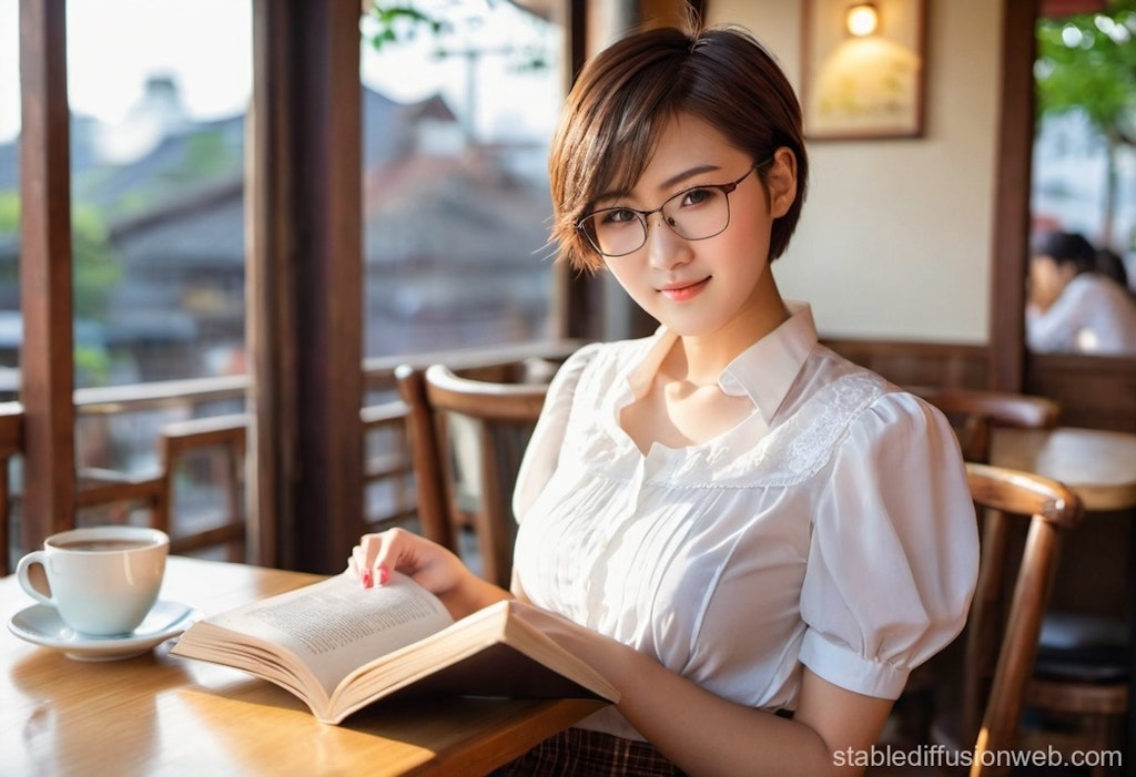 カフェでくつろぐ眼鏡お姉さん