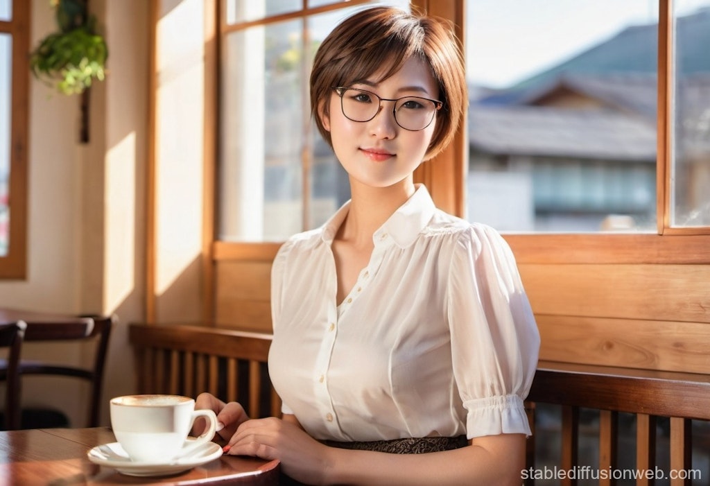 カフェでくつろぐ眼鏡お姉さん