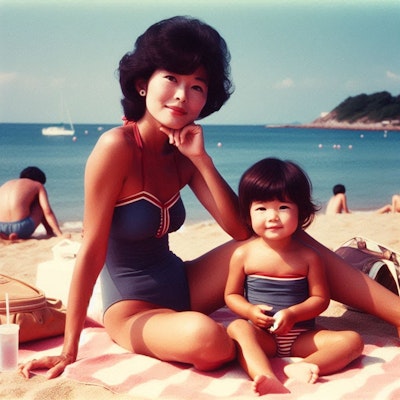 1985年　海辺の母子