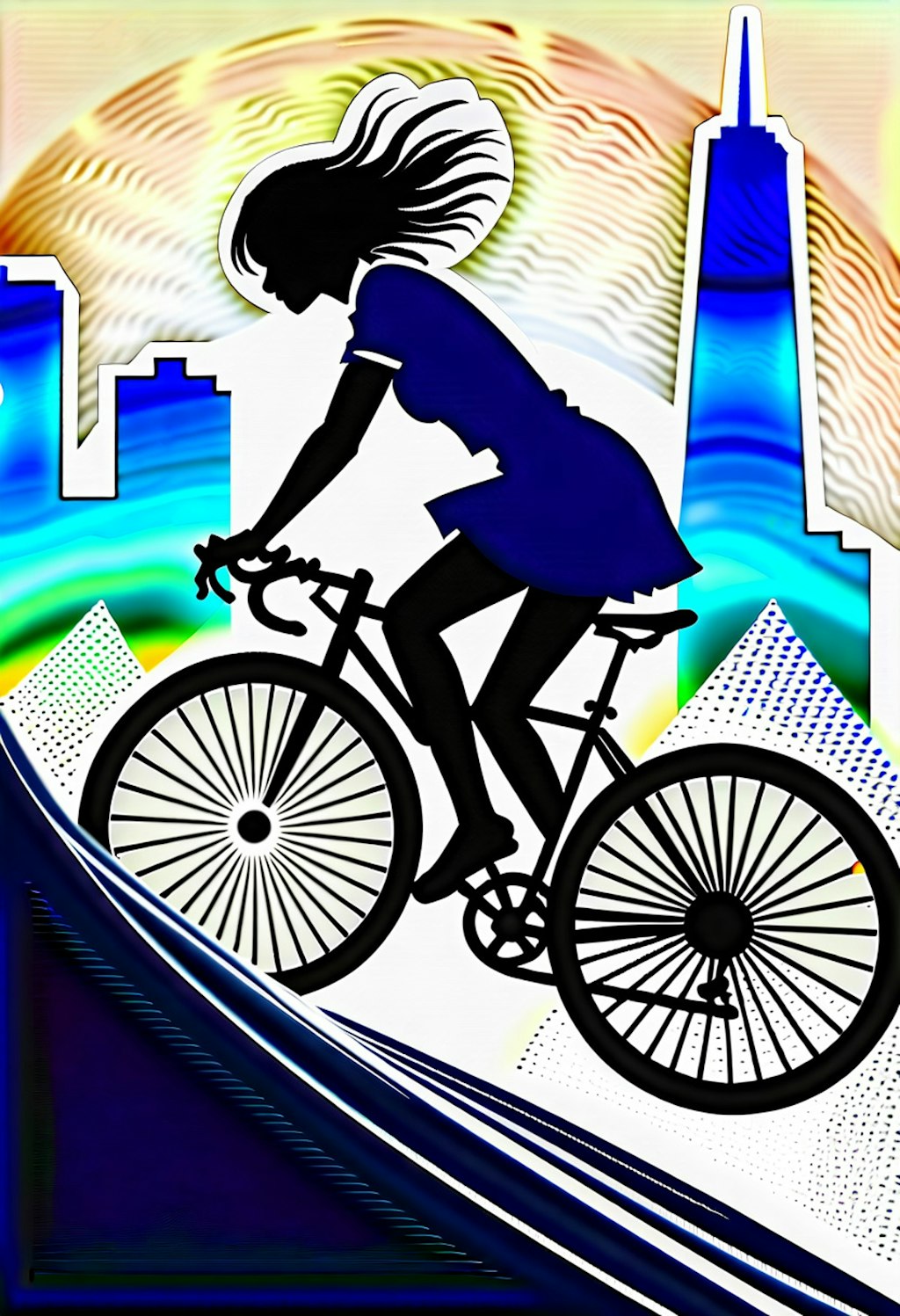 自転車少女 切り絵風