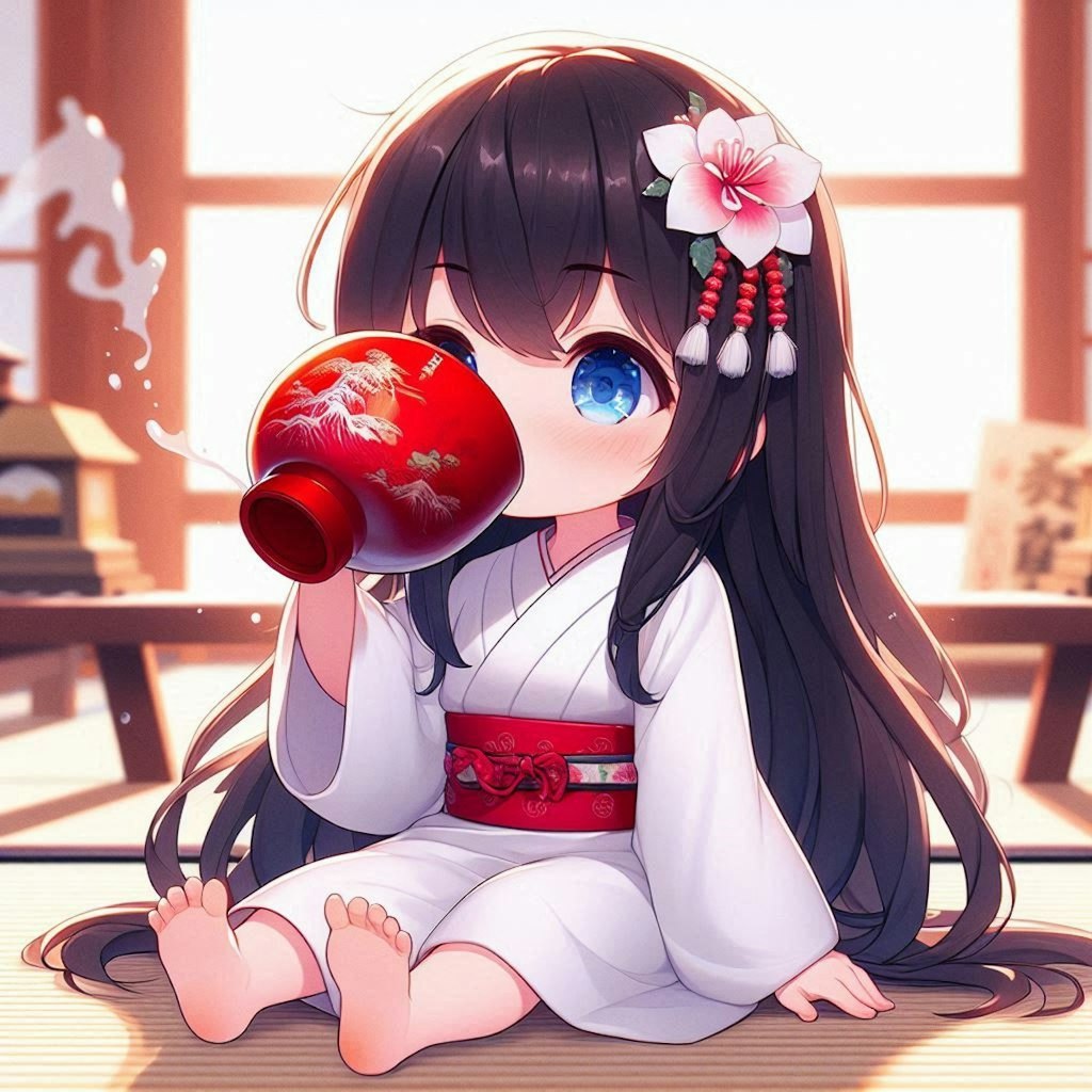 日本酒の一気飲みをしている小さな女の子