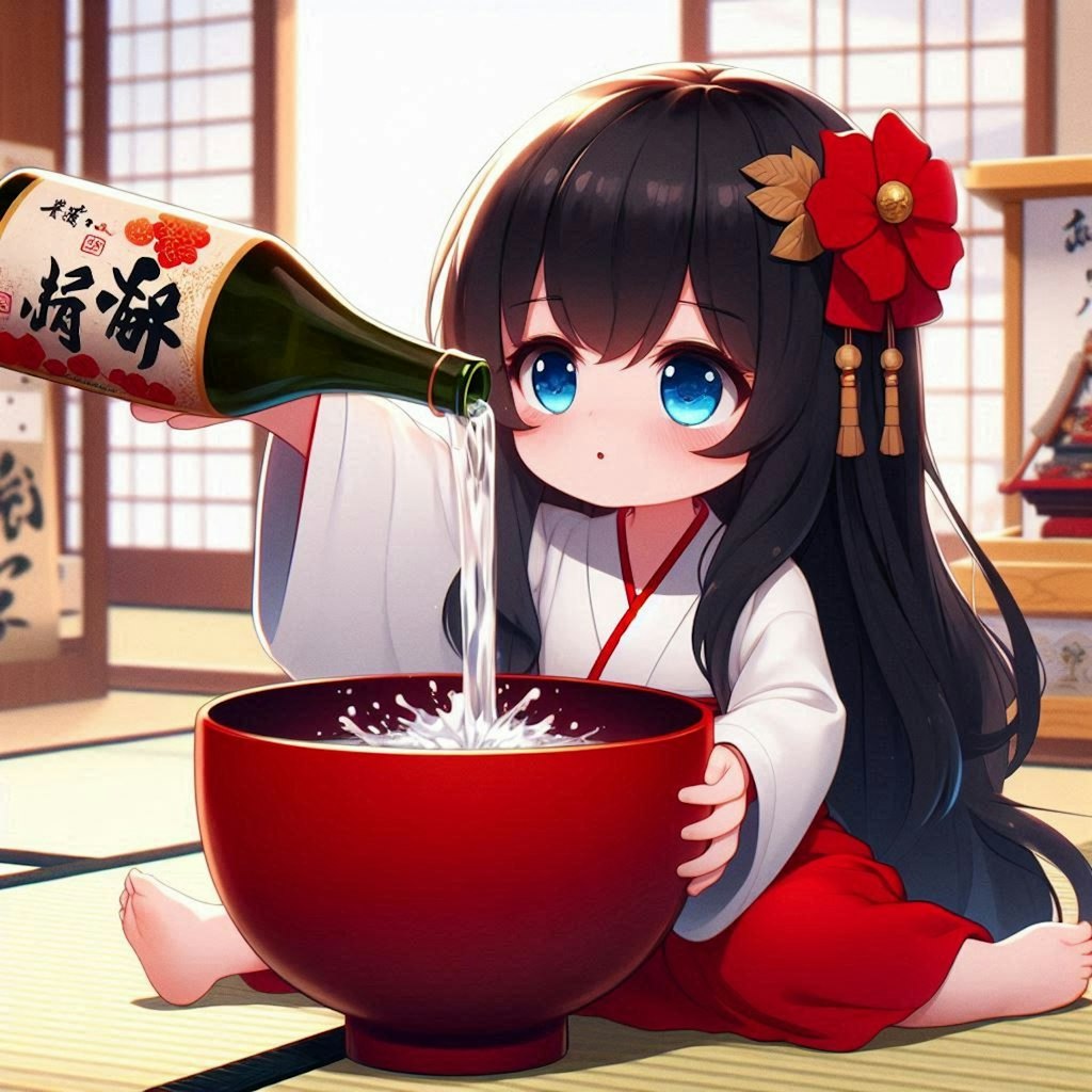 日本酒の一気飲みをしている小さな女の子