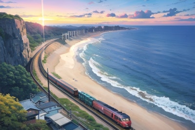 海辺の鉄道と夕陽🚃🌇