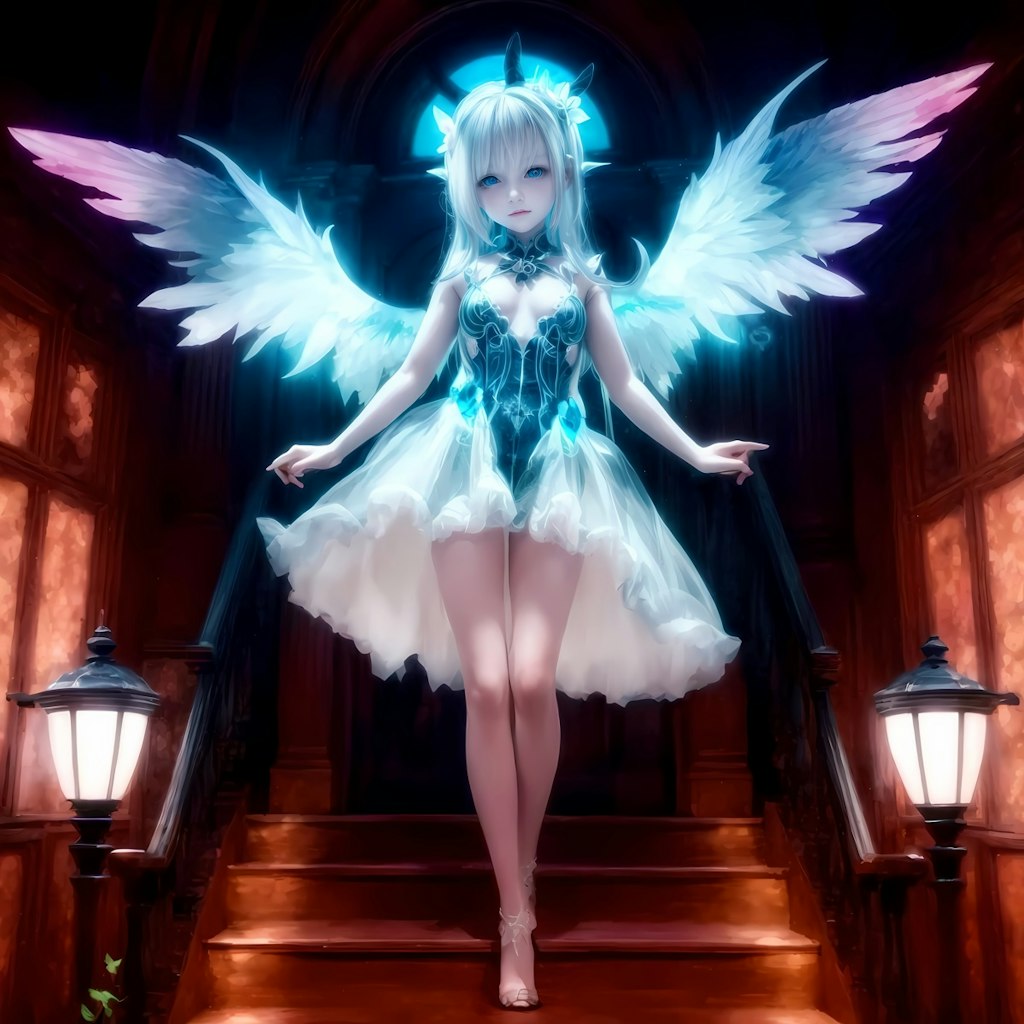 妖艶な光と神秘の階段を舞台にした光輝く羽をもつ妖精の舞