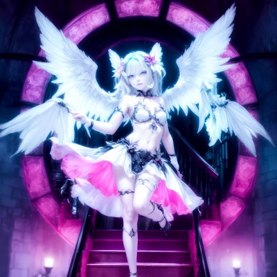妖艶な光と神秘の階段を舞台にした光輝く羽をもつ妖精の舞