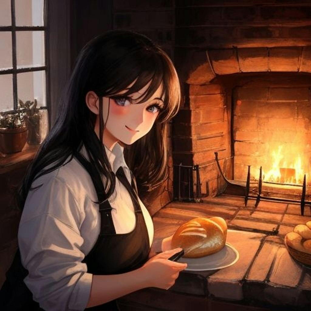 暖炉でパンを焼いています。