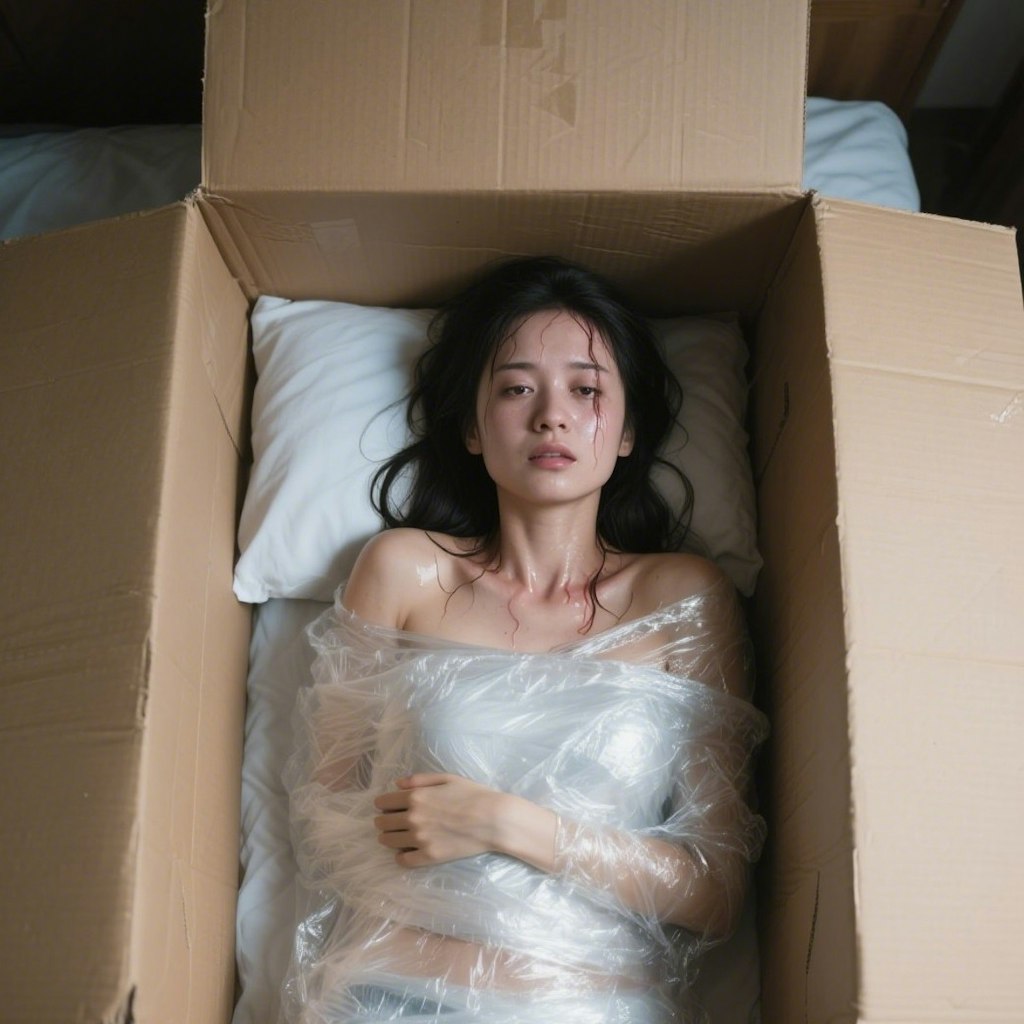 透明のフィルムで梱包されて汗だくな女の子