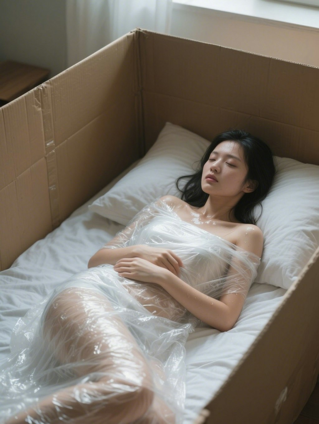 透明のフィルムで梱包されて汗だくな女の子