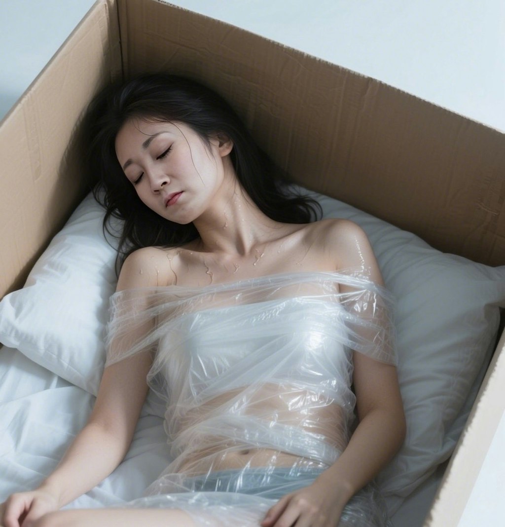 透明のフィルムで梱包されて汗だくな女の子