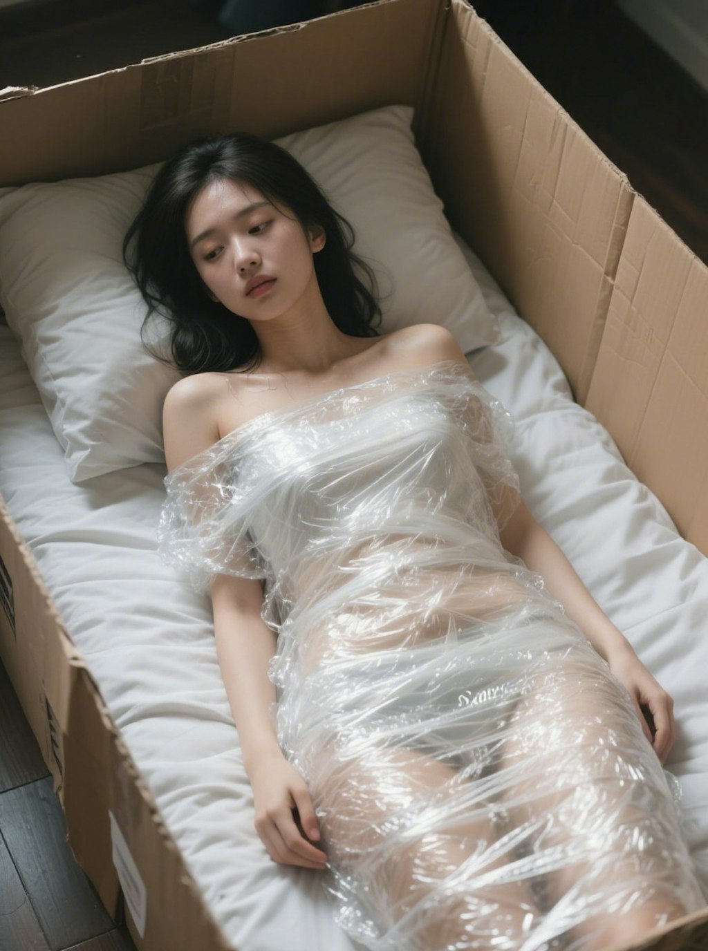 透明のフィルムで梱包されて汗だくな女の子