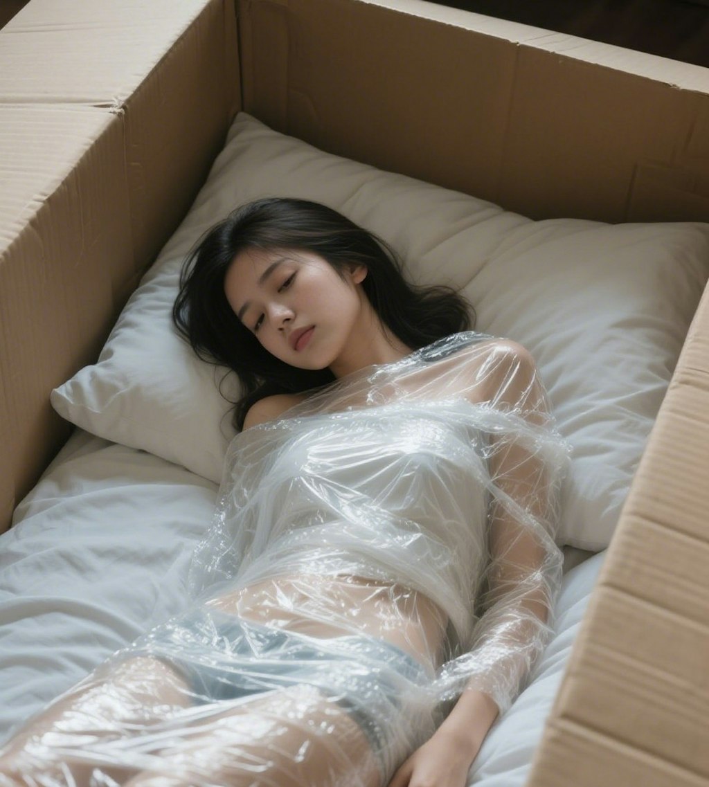 透明のフィルムで梱包されて汗だくな女の子