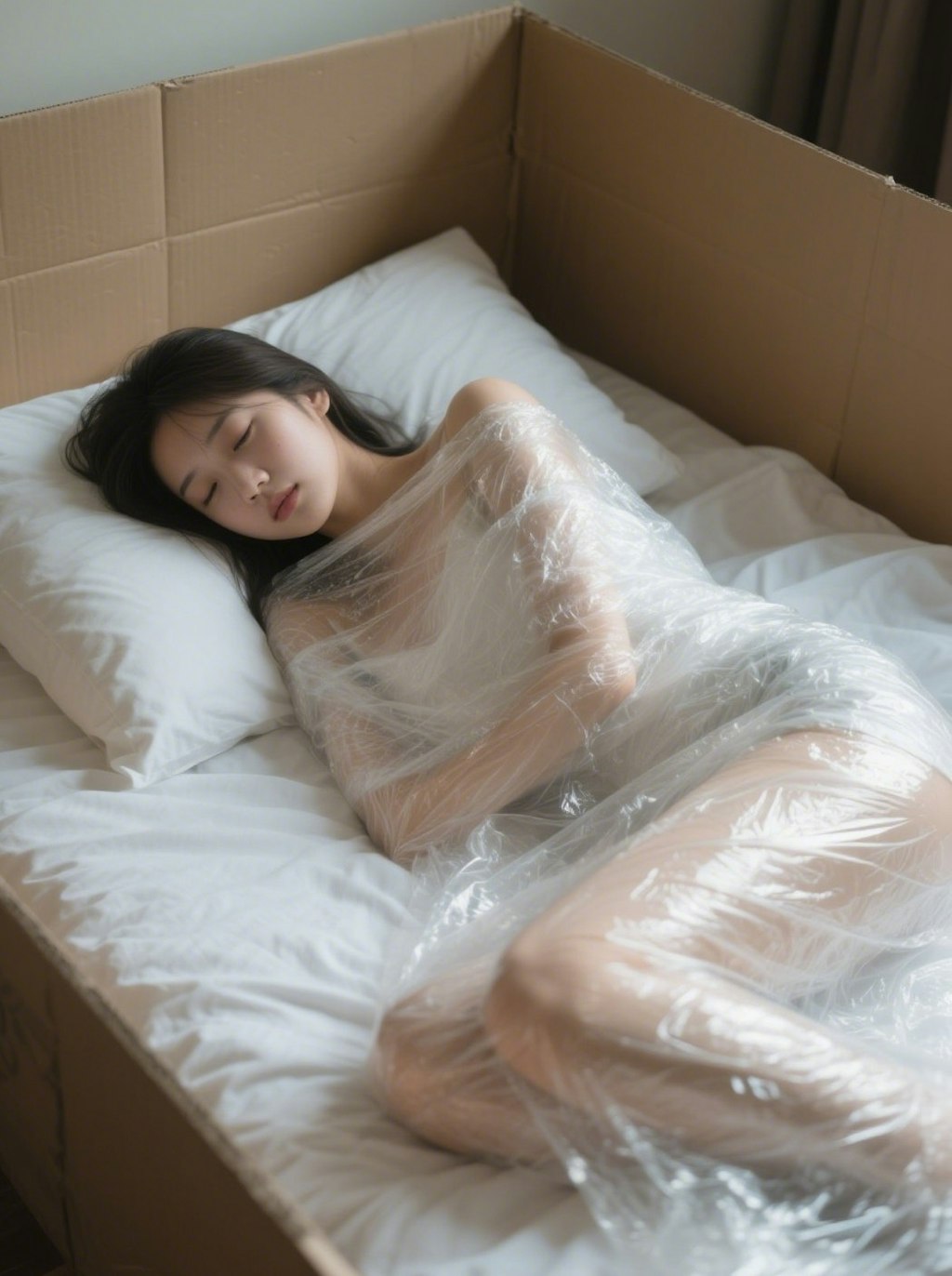 透明のフィルムで梱包されて汗だくな女の子
