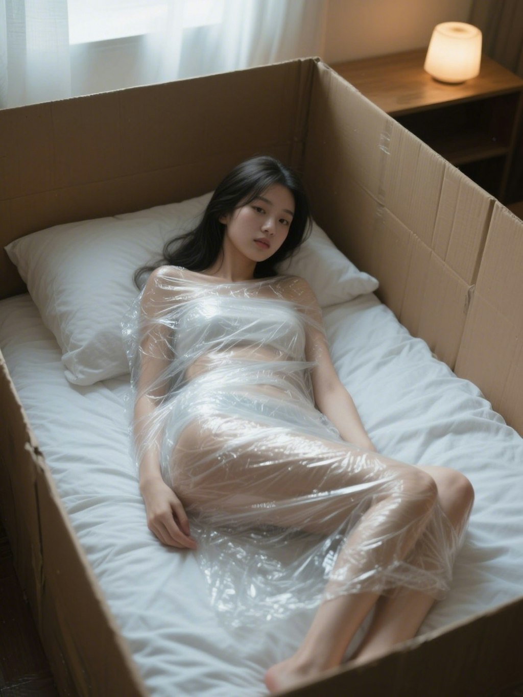 透明のフィルムで梱包されて汗だくな女の子