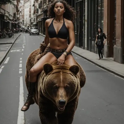 Girl riding a bear through the city streets