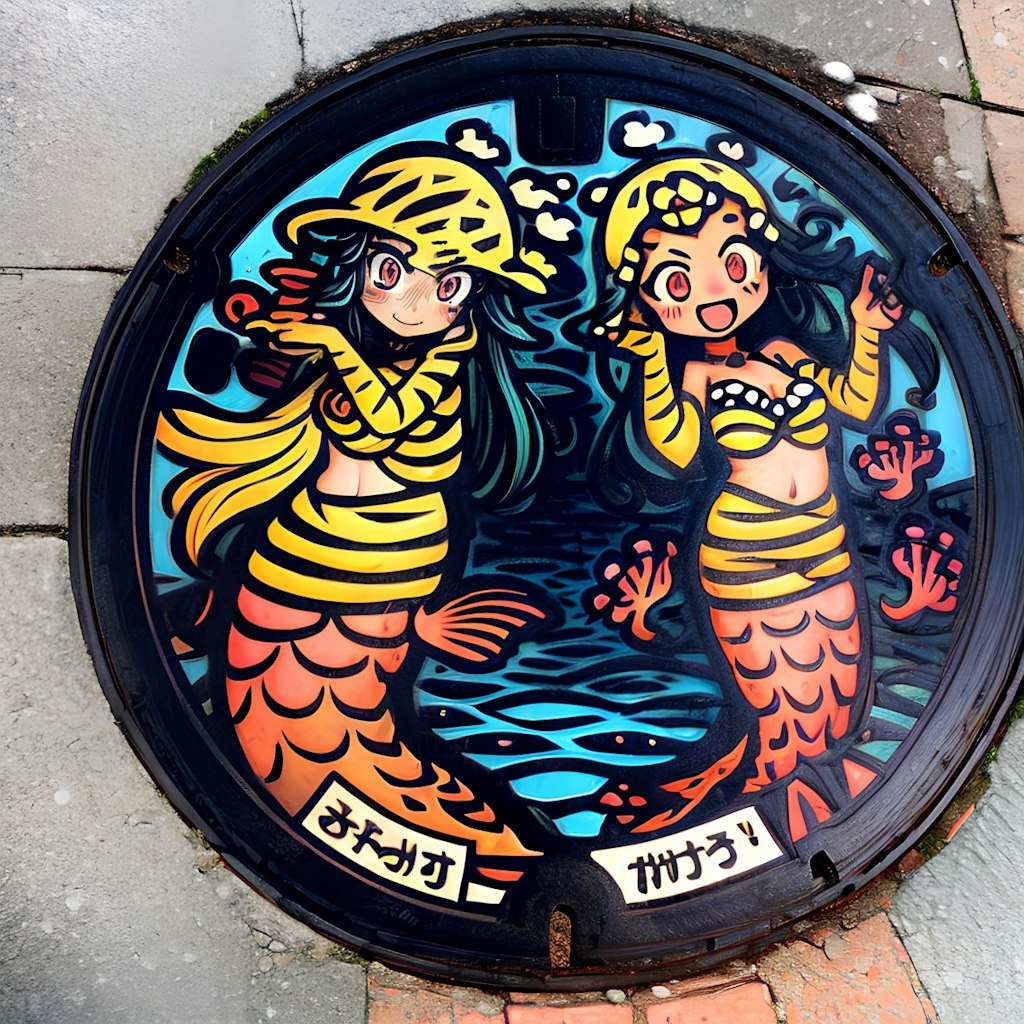 夏の風に舞うご当地マンホールに描かれた人魚と魚たちの海のアート