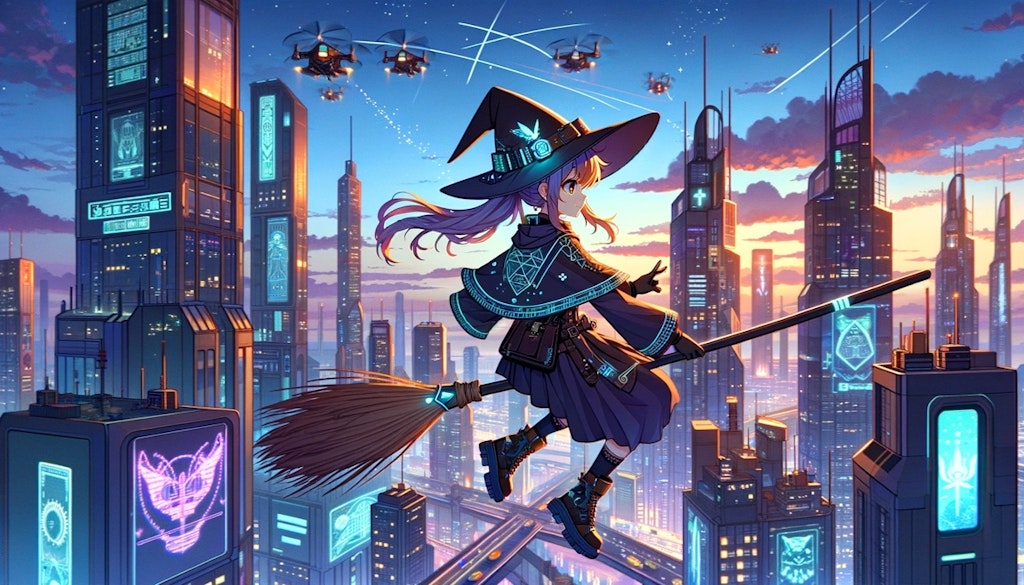 未来の街の上を飛ぶ、見習い魔女っ子