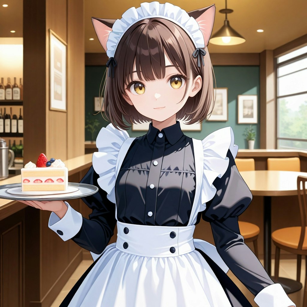 苺ショートケーキを運ぶ喫茶店で働く猫娘