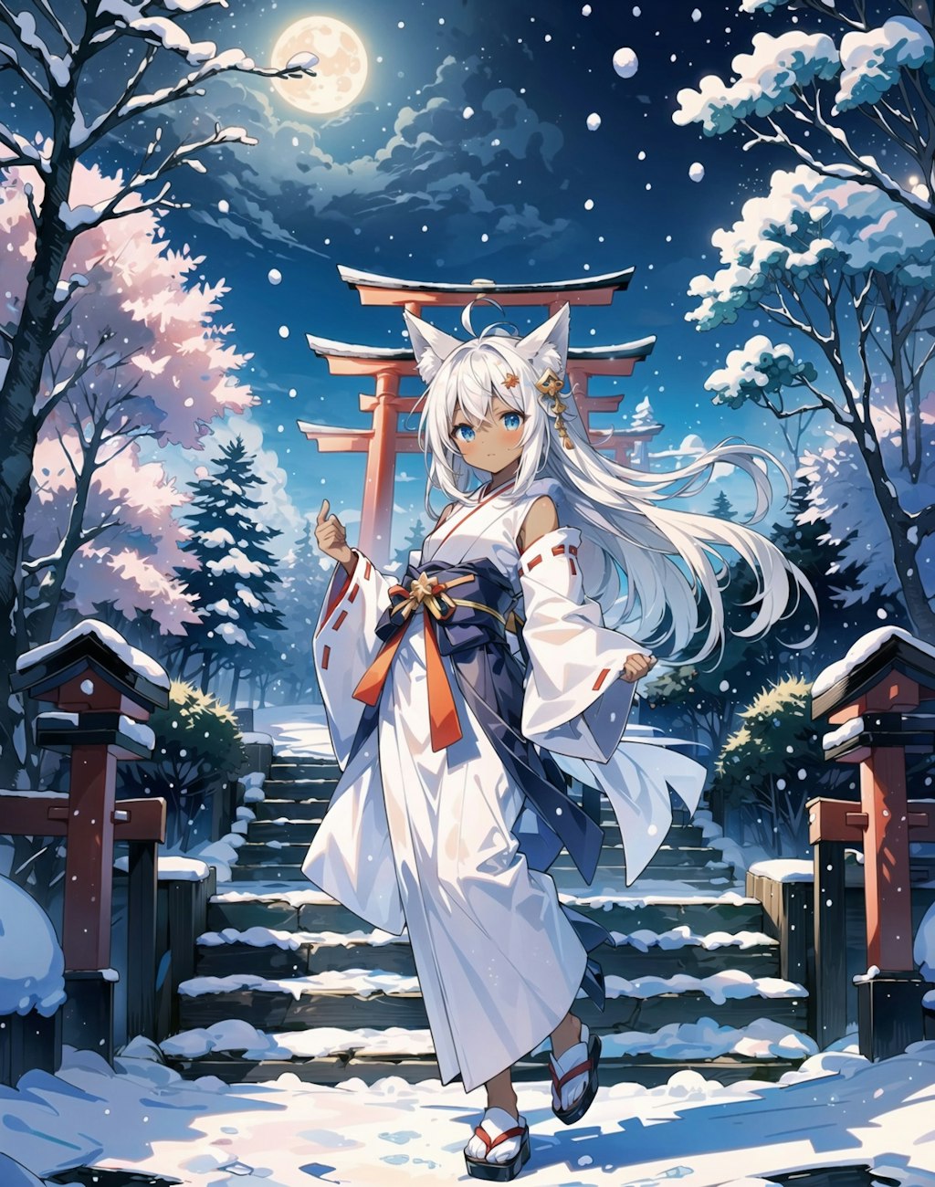 雪の神社と狐娘