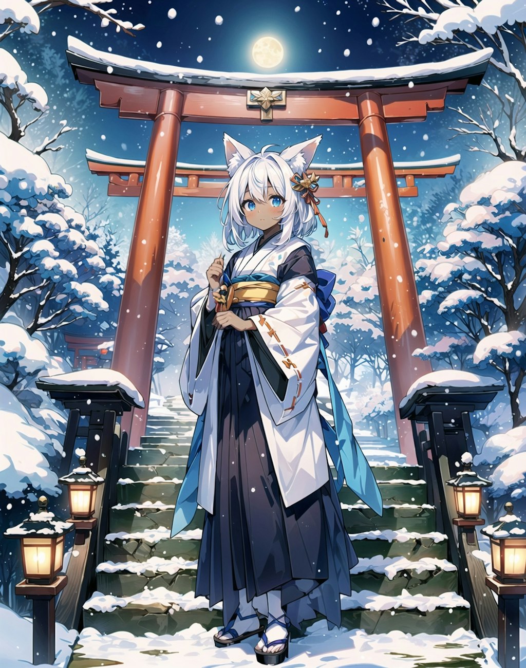 雪の神社と狐娘