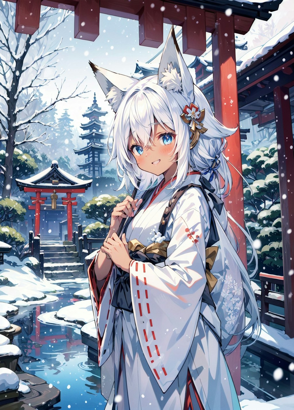 雪の神社と狐娘