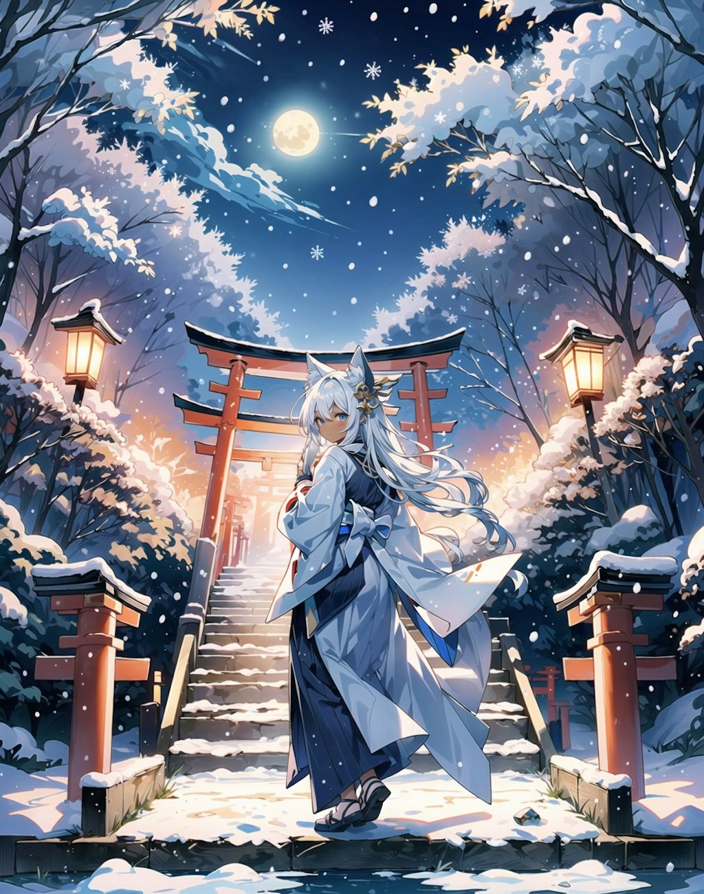 雪の神社と狐娘