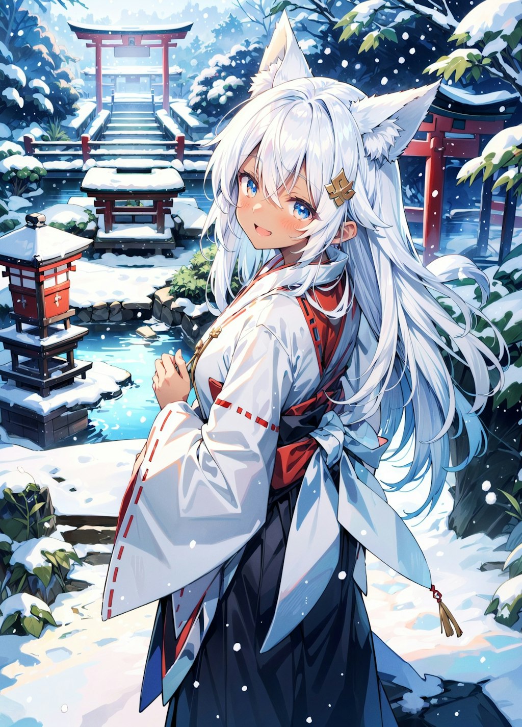 雪の神社と狐娘