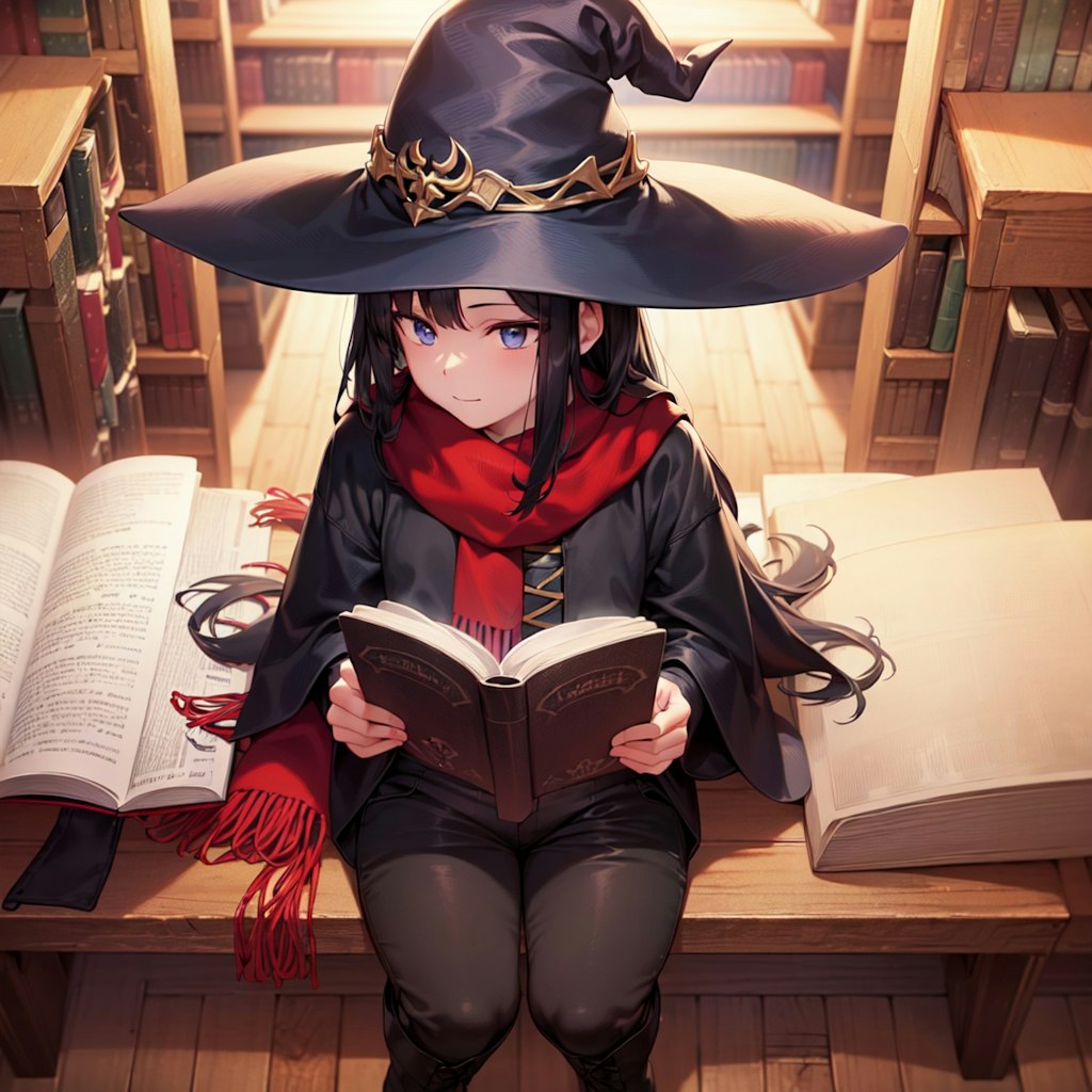図書館で調べ物をしている魔女