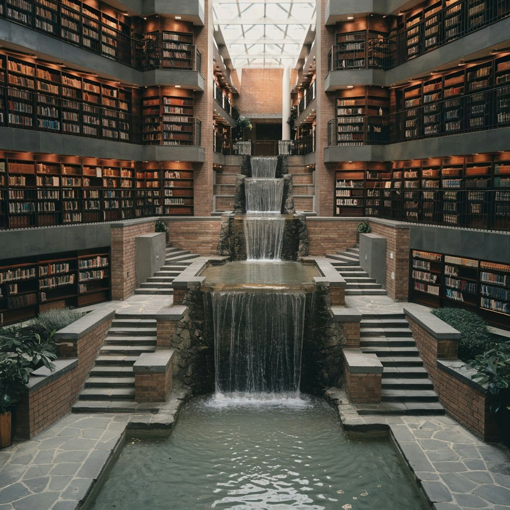 滝が流れる図書館