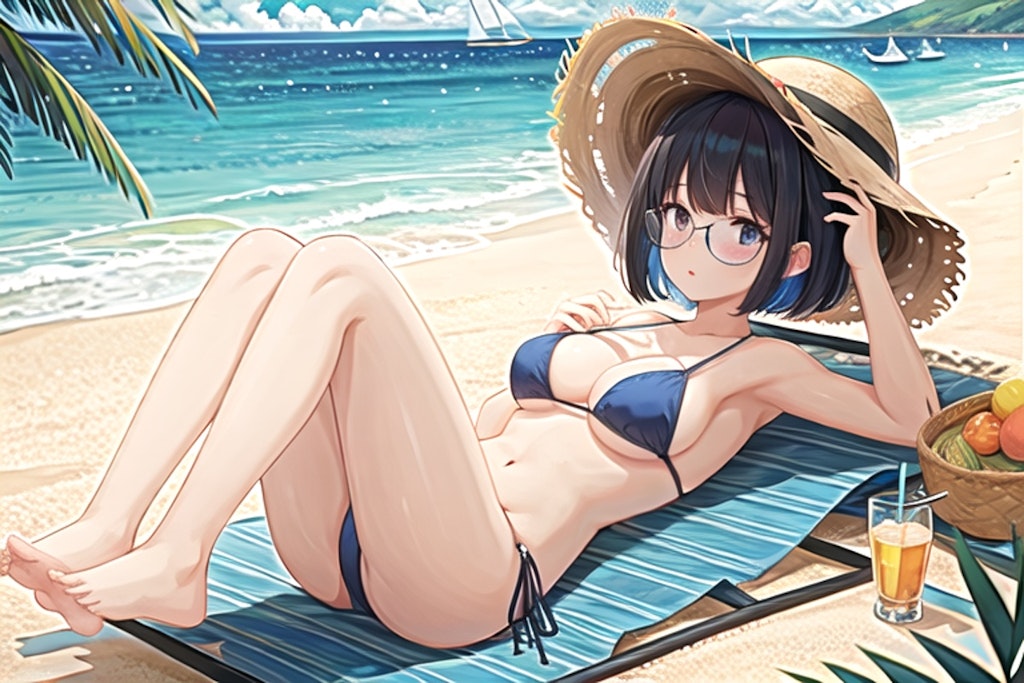 夏 浜辺 水着 眼鏡娘