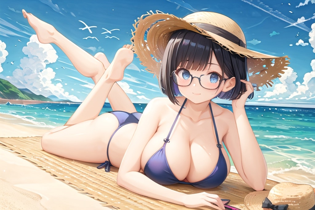 夏 浜辺 水着 眼鏡娘