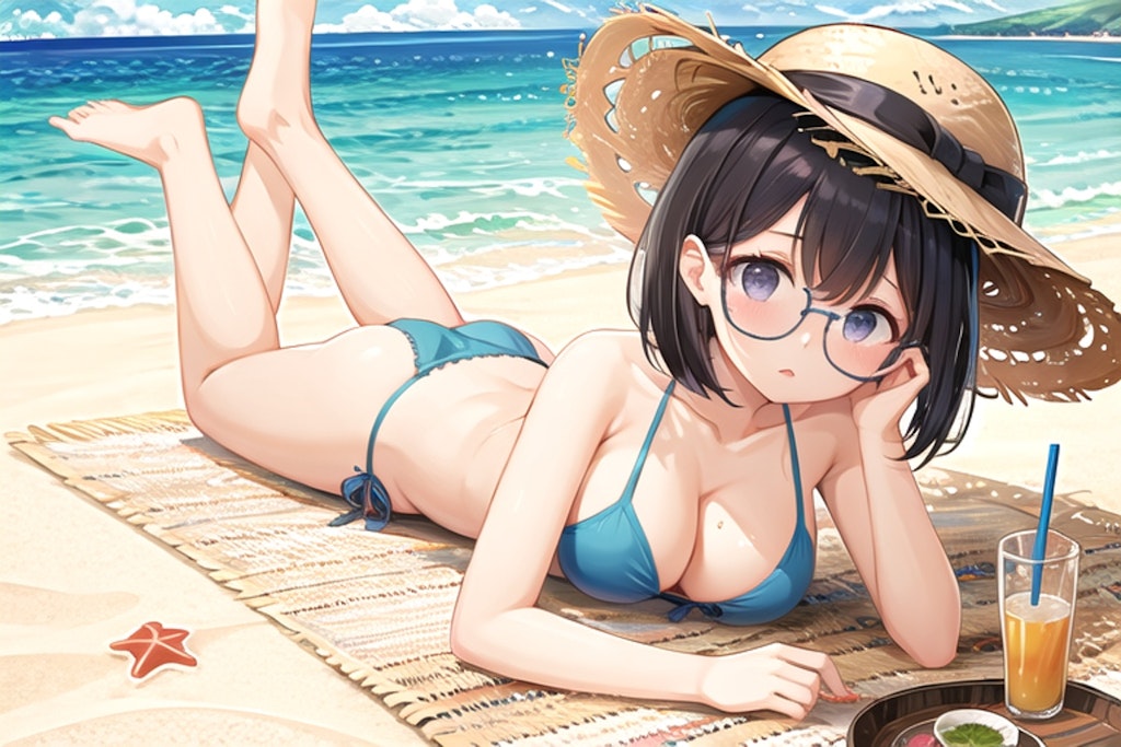 夏 浜辺 水着 眼鏡娘