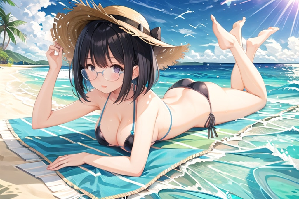 夏 浜辺 水着 眼鏡娘