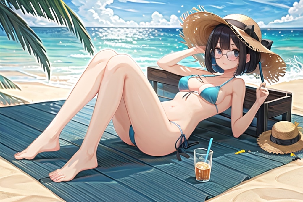 夏 浜辺 水着 眼鏡娘