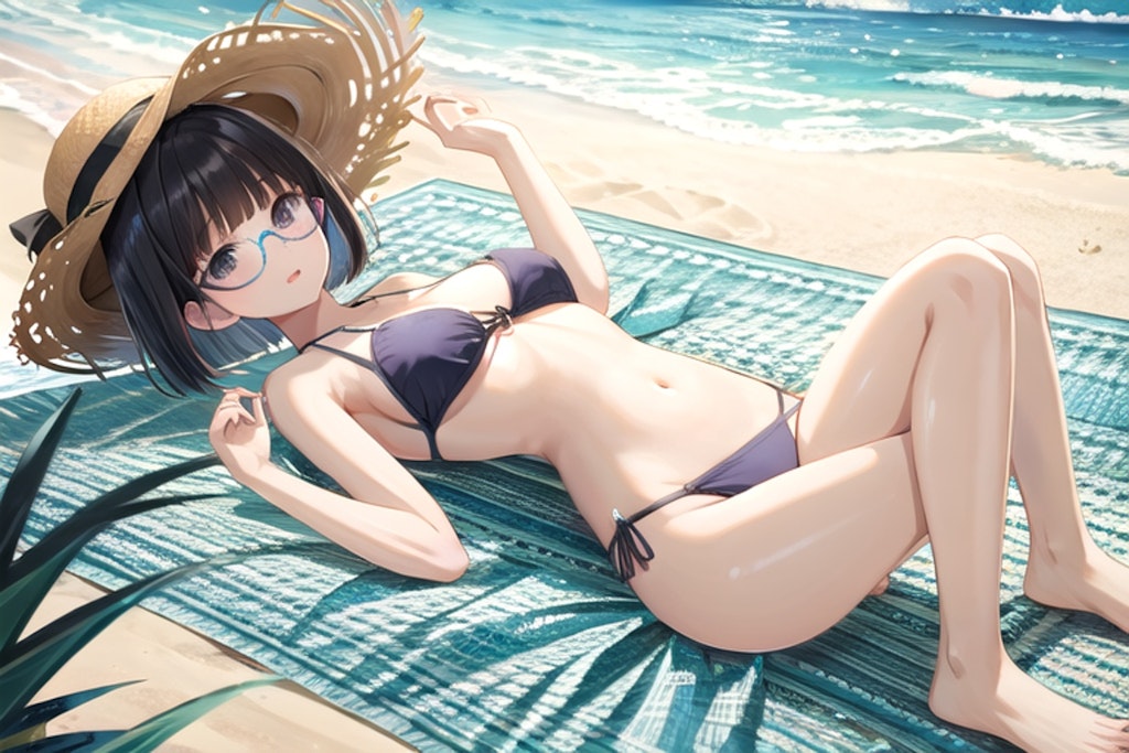 夏 浜辺 水着 眼鏡娘