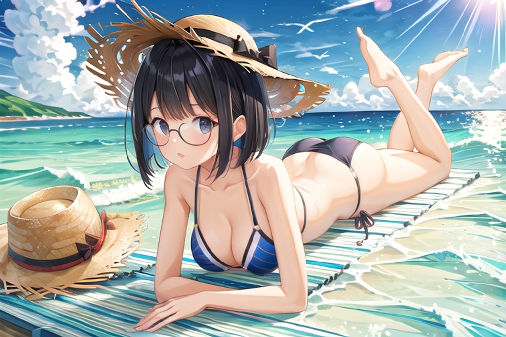 夏 浜辺 水着 眼鏡娘