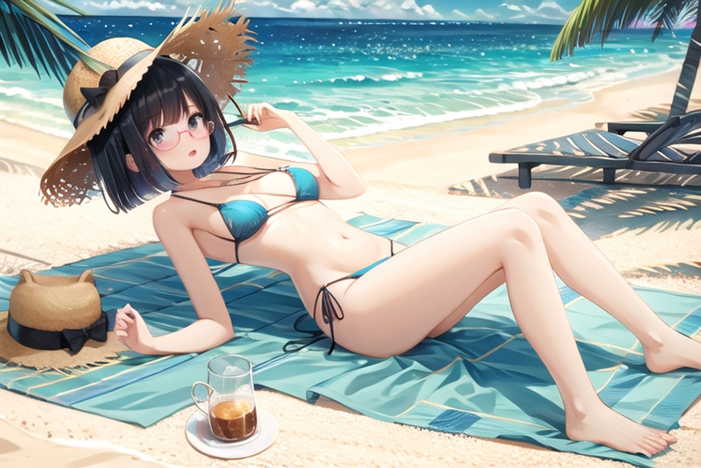 夏 浜辺 水着 眼鏡娘