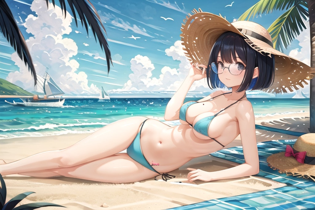 夏 浜辺 水着 眼鏡娘