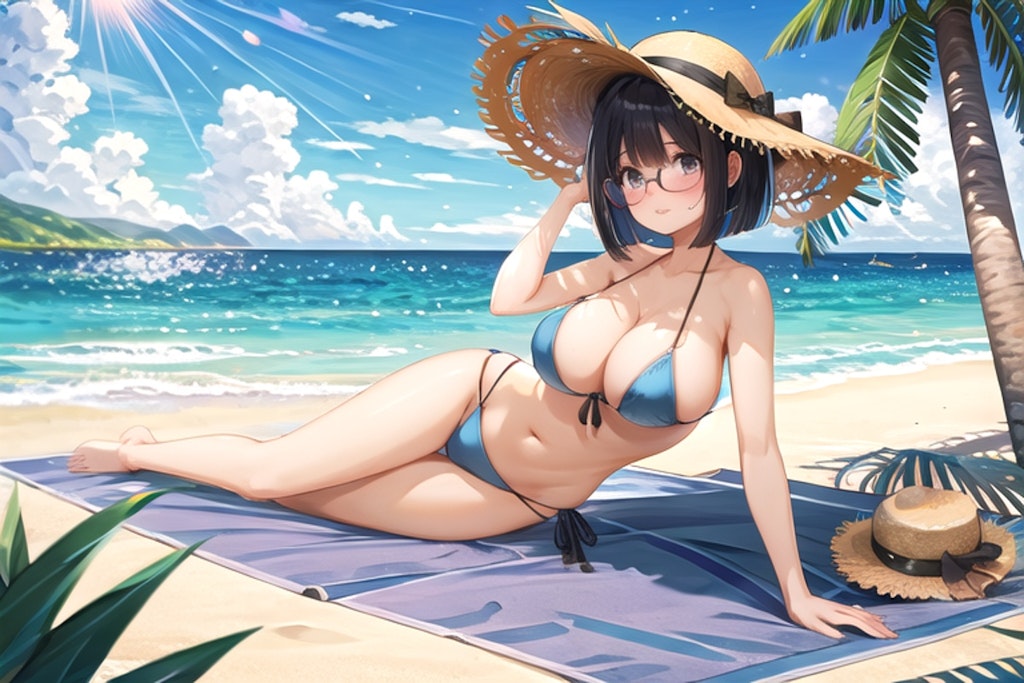 夏 浜辺 水着 眼鏡娘