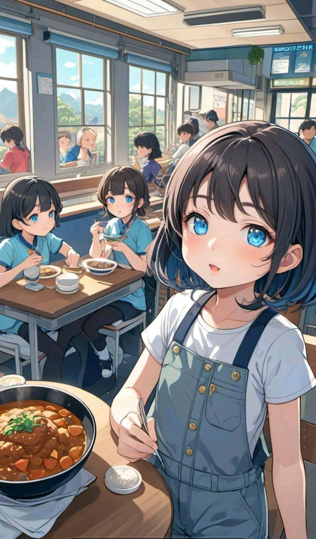 カレーをお腹いっぱい食べる小さな女の子