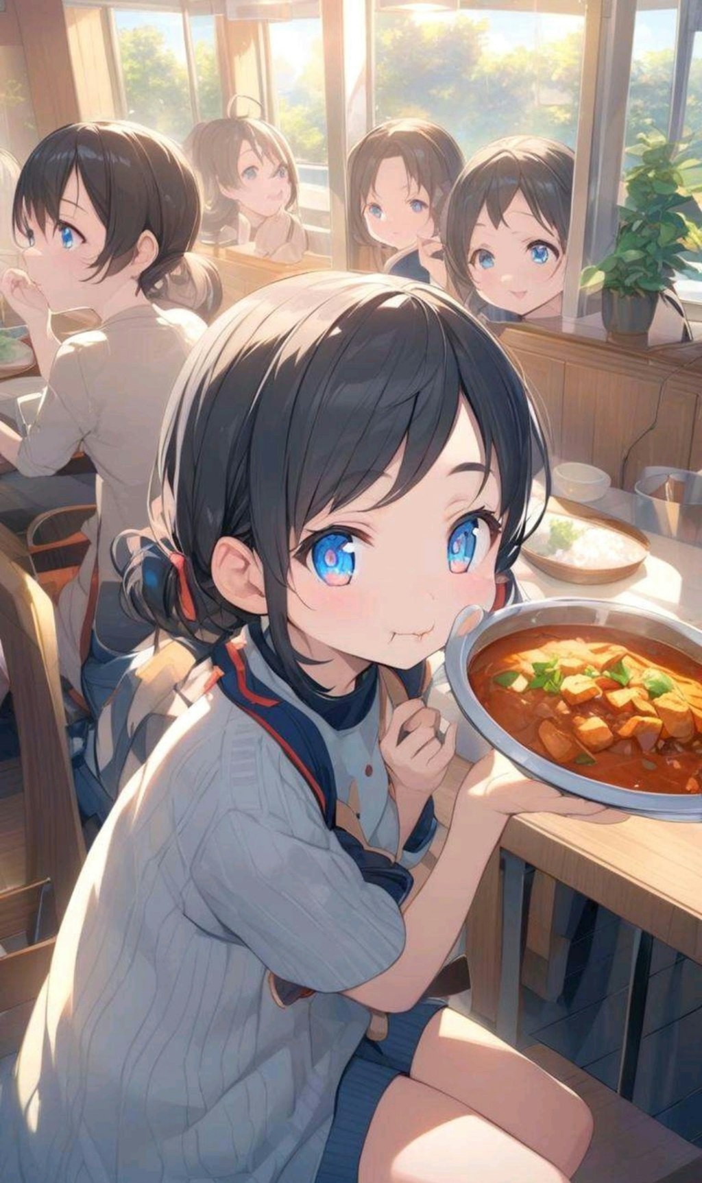 カレーをお腹いっぱい食べる小さな女の子